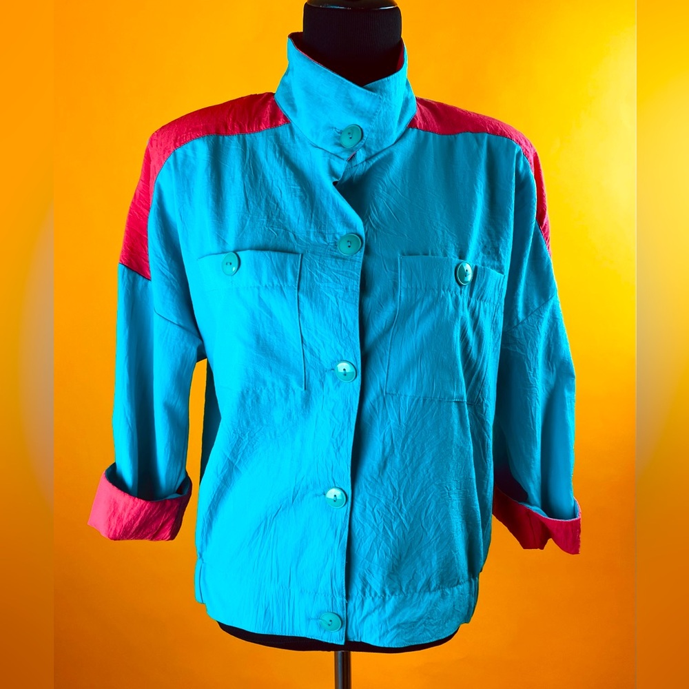 Vtg  80’S Petite Trends Teal & Pink Half- Sleeve Button Up Top Sz PL
